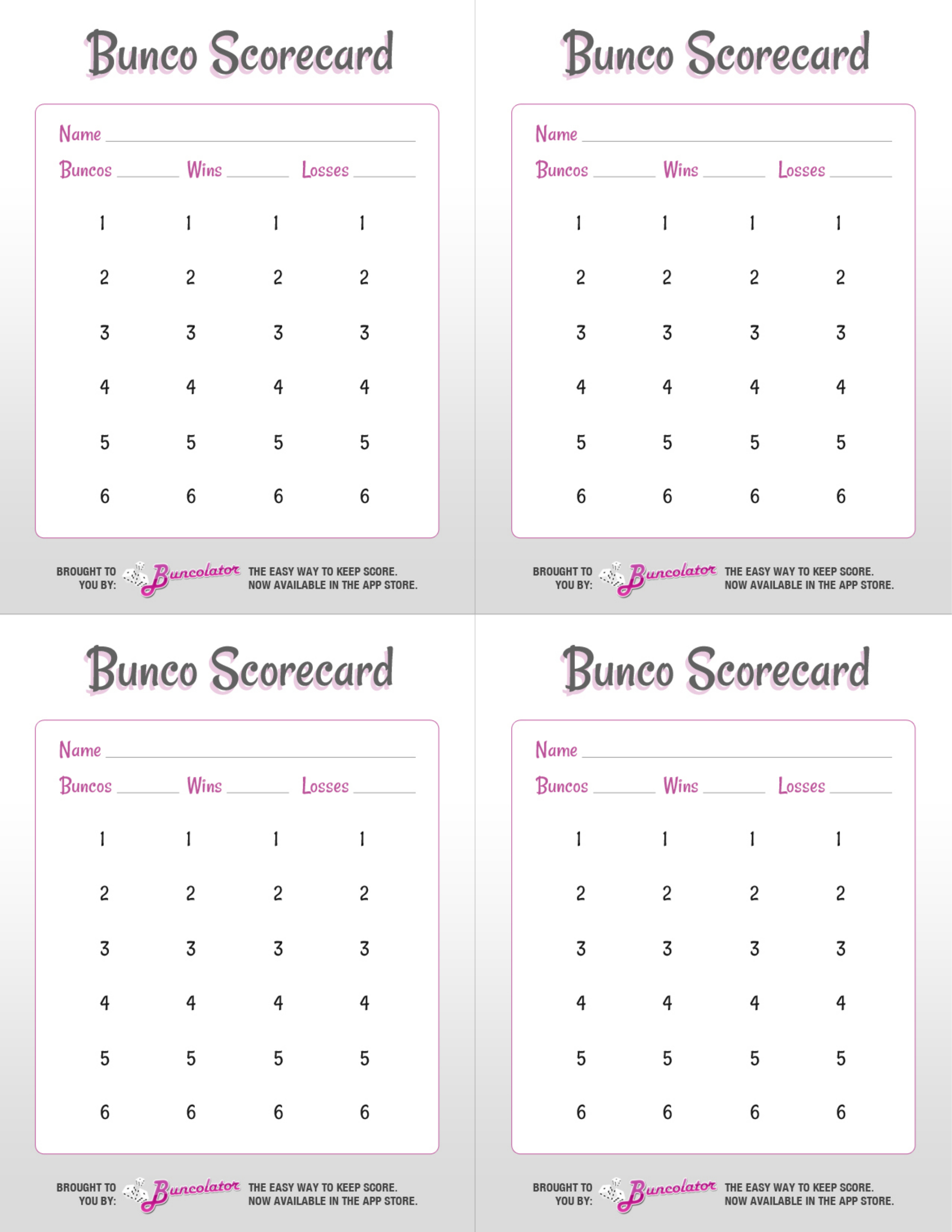 Printable Bunco Score Cards Free Free Printable